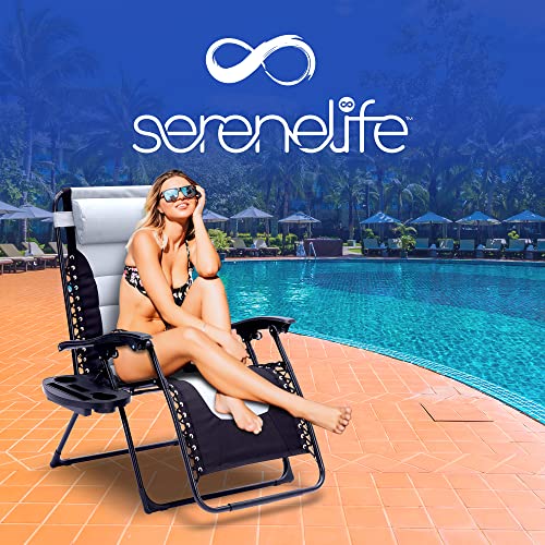 SereneLife Padded Zero Gravity Lounge Chair - Reclining Patio Chairs - Outdoor Lounge Chairs with Detachable Cup Holder Tray - Folding Recliner Chair with Removable Pillows - 1, Gray and Black - color: Grey