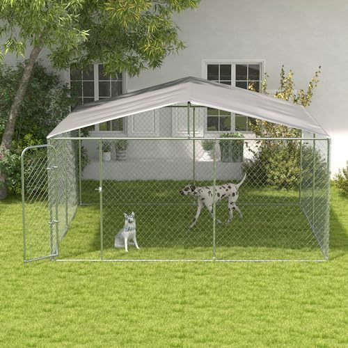 PawHut Outdoor Dog Kennel, Heavy Duty Dog Run Outdoor Fence with Waterproof Cover, Galvanized Chain Link, Secure Lock, for Large Breeds, Chickens, Ducks, 13' x 13' x 7.5' - size: 157.5"L x 157.5"W x 91.3"H