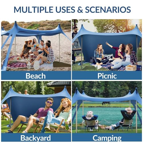 Gardentime Beach Tent Canopy with 8 Sandbags 4 Aluminum Poles, Pop Up Portable Camping Sun Shelter, Easy Set Up with 2 Sand Shovel, Ground Pegs, Carrying Bag for Outdoor Beach,Picnic, Fishing - color: Blue