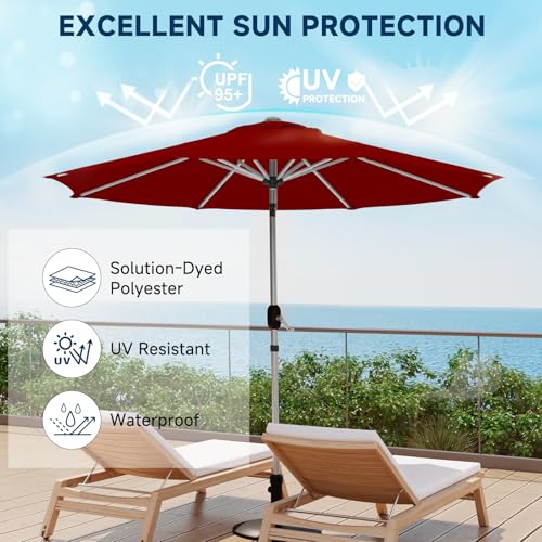 10FT Aluminum Outdoor Patio Umbrella, Fade-Resistant Market Umbrella with Push Button Tilt Function, 8 Sturdy All-Aluminum Ribs for Gardens, Patios, Backyards & Pools - color: Burgundy, size: 10FT-1Tier (Aluminum Umbrella)