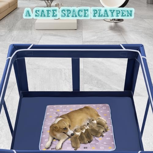 XVISHX 42x42 Inches Puppy Playpen with Gate, Dog Playpen for Puppies or Small Dogs, DogFence Pet Playpen for Indoor & Outdoor, Sturdy Safety DogPen with Thickened Fabric, High-Strength Nylon Wire Mesh - style: Without Cover