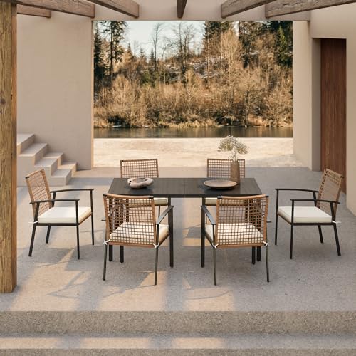 LAUSAINT HOME 7 Pieces Patio Dining Set, Outdoor Furniture Set of 6 Chairs with Soft Cushion and Iron Slats Table Top with Umbrella Hole, Conversation Set for Backyard, Garden and Poolside - color: Pe Rattan Black Standard Chairs, size: 7-Piece