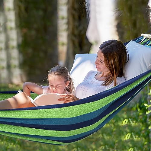 Chihee Cotton Hammock Holds Up to 660lbs Fabric Hammock 8.9x4.9ft Soft Portable Tree Hammocks Camping with Detachable Spreader Bar Pillow 2 Strong Webbings 2 Carabiners Indoor Outdoor Backyard Garden - color: Blue/Green Stripes, size: 270x150cm