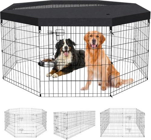 Pet Playpen Dog Pen Foldable Dog Exercise Fence 8 Panels 30 Inch Kennels Pet Playpen Options Ideal for Pet Medium Animals Outdoor Indoor (Playpen with Top Cover) - style: 24'' x 30'' with Top cover