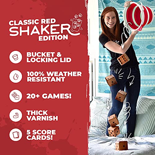 SWOOC Games - Yardzee, Farkle & 20+ Games - Classic Red Shaker Edition (All Weather) - Yard Dice Game Set with Red Collapsible Bucket, Lid, 5 Big Laminated Score Cards & Marker - Outdoor Yard Game - color: Red, size: 3.5" Dice