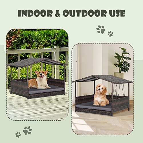 Giantex Wicker Dog House, Raised Rattan Dog Bed with Waterproof Roof, Washable Cushion Cover, Steel Frame, Indoor Outdoor Elevated Dog Bed Pet House for Small Medium Dogs Cats, Easy Assembly - style: Brown House & Gray Cushion