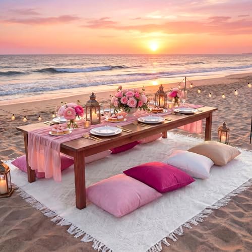 Moukeren 10 Pcs 71''x102'' Extra Large White Outdoor Boho Picnic Blanket with Pink Table Runner 8 Throw Pillow Cover Oversized Washable Portable Beach Blanket for Valentine Picnic Camp Lawn Wedding - color: Pink