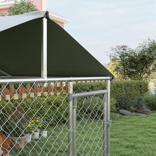 PawHut Outdoor Dog Kennel, Heavy Duty Dog Run Outdoor Fence with Waterproof Cover, Galvanized Chain Link, Secure Lock, for Large Breeds, Chickens, Ducks, 6.5' x 6.5' x 5' - size: 78.7"L x 78.7"W x 59.1"H
