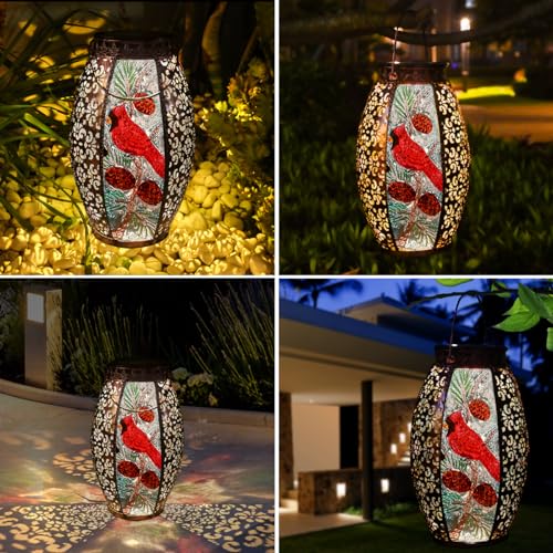 Mothers Day Gifts,Solar Lanterns Outdoor Hanging Light Cardinal LED Glass Light Waterproof Hollowed-Out Metal Decor Garden,Yard,Patio,Gifts,Table,Pathway,Holiday for Women Mom - color: Cardinal-