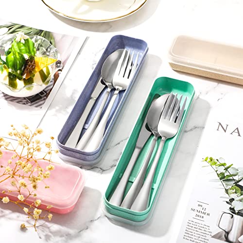 Yinkin 4 Pack Portable Travel Utensils Set with Case Reusable Stainless Steel Silverware Flatware Camping Cutlery Include Fork Spoon Knife for Work School Dishwasher Safe(Blue, Beige, Green, Pink) - color: Blue, Beige, Green, Pink