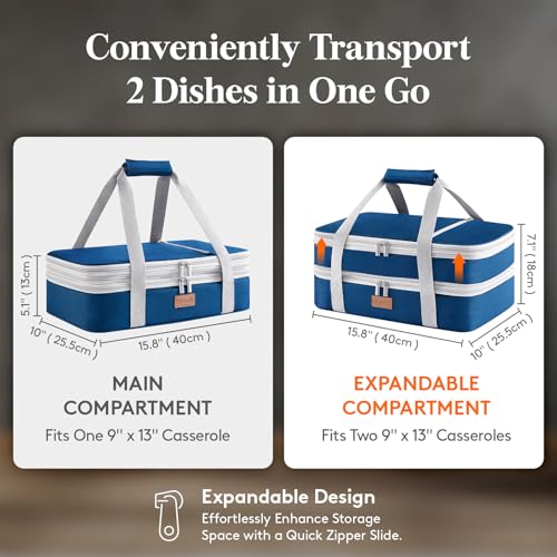 Lifewit Insulated Double Decker Casserole Carrier, Expandable Lasagna Lugger Tote Bag for Hot or Cold Food, Fits 9" x 13" Baking Dish for Potluck Parties, Picnic and Cookouts, Pure Blue - color: Pure Blue