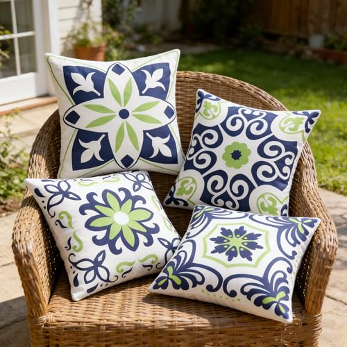 Pyonic Outdoor Pillow Covers 16x16 Set of 4,Spring Summer Foral Garden Waterproof Throw Pillow Covers Cushion Covers for Patio Couch Tent,Navy Blue - color: Navy Blue, size: 16" x 16" (Pack of 4)