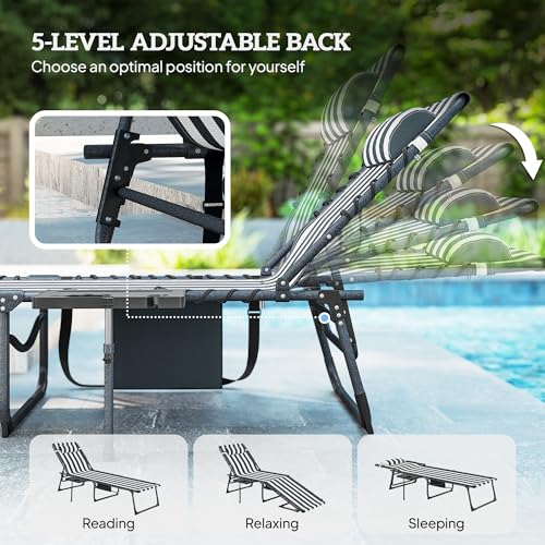 Outsunny Folding Chaise Lounge Chair Outdoor Tanning Chair with Side Table, 5-Level Adjustable Beach Lounge Chair with Headrest, Side Pocket for Patio, Backyard, Beach, Poolside, Blue and White - color: Blue and White