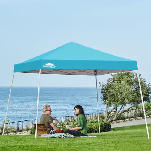 EAGLE PEAK 10x10 Slant Leg Pop-up Canopy Tent Easy One Person Setup Instant Outdoor Beach Canopy Folding Portable Sports Shelter 10x10 Base 8x8 Top (Light Blue) - color: Light Blue, size: 10x10