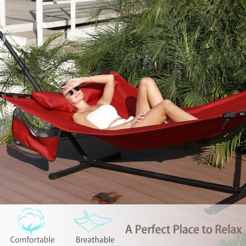 TegerDeger 12FT 2 Person Hammock with Stand Included 55 x 79IN Large Hammock 450LB Capacity with Hardwood Spreader Bar & Nylon Rope for Outside, Patio, Garden, Backyard, Beach - Deep Red - color: Red