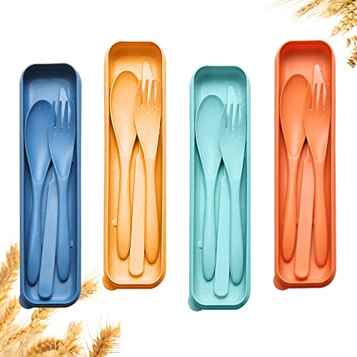Reusable Travel Utensils Set with Case, 4 Sets Wheat Straw Portable Knife Fork Spoons Cutlery, Eco-Friendly BPA Free Plastic Tableware for Kids Adults Travel Picnic Camping Utensils - color: 4 Sets - Dark Green, Orange, Yellow, Dark Blue