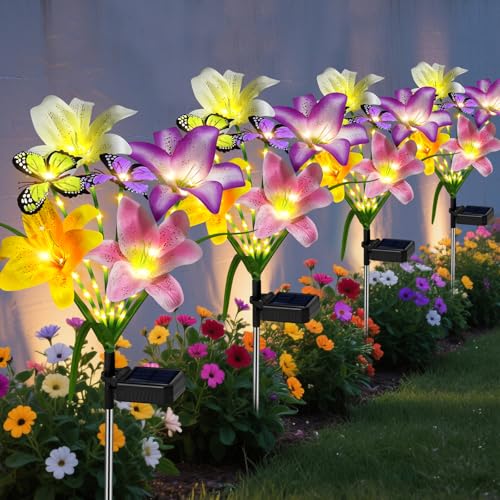 ostritec Solar Garden Lights Outdoor, 4 Pack Flower Lights for Outside, 16 Solar Lilies with Butterflies, Waterproof Garden Decor for Yard, Patio, Gifts for Women Mom (4 pcs Lilies) - style: Lilies-4 Pack