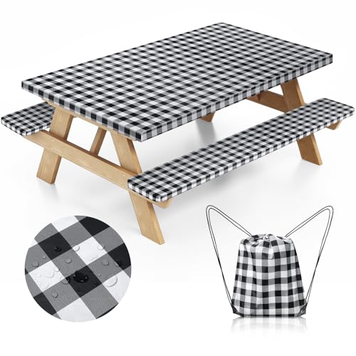 Picnic Table Cover with Bench Covers and Bag, Camping Table Camping Essentials Cover with Elastic Edges(Black) - color: Black