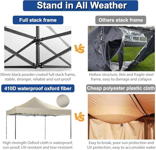 COBIZI 10x10 Heavy Duty Pop up Canopy with 4 Removable Sidewalls, Canopy Tent with Portable Bag, Pop up Tent Commercial Gazebo Waterproof Sunshade for All Weather Party Camp Stall Patio,Khaki - color: Khaki, size: 10x10ft