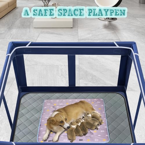 XVISHX 42x42 Inches Puppy Playpen with Dog Pads, Dog Playpen for Puppies or Small Dogs, Pet Playpen for Indoor & Outdoor, Sturdy Safety DogPen with Thickened Fabric, High-Strength Nylon Wire Mesh - style: 42X42 IN With Pad
