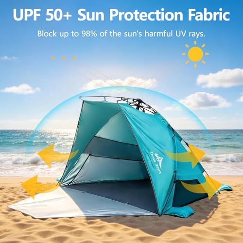 Three Bears Pop Up Beach Tent Sun Shade Shelter for 3-4 Person, UPF 50＋ UV Protection, Lightweight & Easy Setup Beach Shade Canopy, Portable Beach Shade Tent Beach Cabana (Blue) - color: Blue