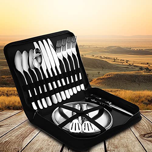 Camping Silverware Silver Picnic Plates and Utensils Set for 4 Portable Tableware Stainless Steel Dinnerware 20 Pieces With Organizer Bag Reusable Durable - size: 20, style: Silver Camping Flatware