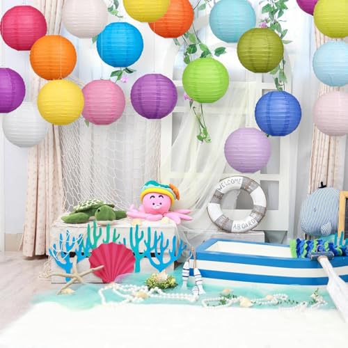 LIHAO 20PCS Colorful Paper Lanterns with Lights, Hanging Chinese Paper Lanterns for Party Decorations Weddings Birthday New Year Outdoor Home Indoor (6 inches) - size: 6 inches