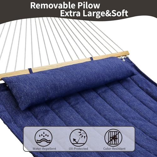 Double Quilted Fabric Hammock with Hardwood Spreader Bars and Pillow 450 LBS Capacity 2 Person Large Hammock for Outdoor Patio Backyard Poolside - Dark Blue - color: Dark Blue