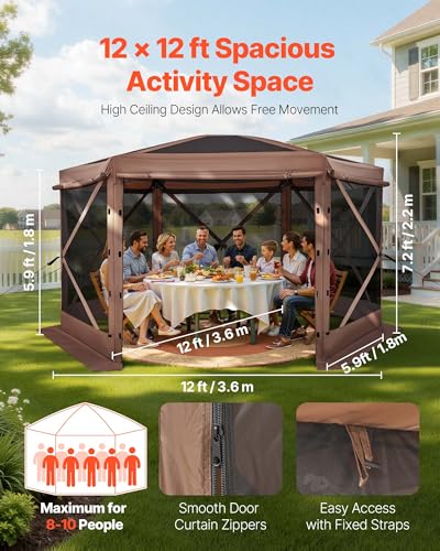 VEVOR Pop up Gazebo Screen Tent, 12 x 12 ft Large 6-Sided Camping Canopy Tent with Removable Top & Carry Bag, Quick-Set & Bite-Proof, Screen House Sun Shelter for 8-10 Persons Backyard Patio, Brown - color: Brown, size: 12 x 12 ft