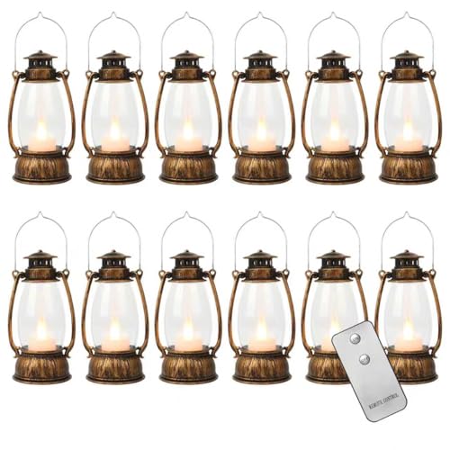 12PCS Bronze Mini Lanterns with Remote Control, 5.1" H/13cm Small Vintage Western Lanterns for Christmas Table Centerpieces, Halloween/Camping Party Decorations, Indoor Hanging & Table - color: Bronze