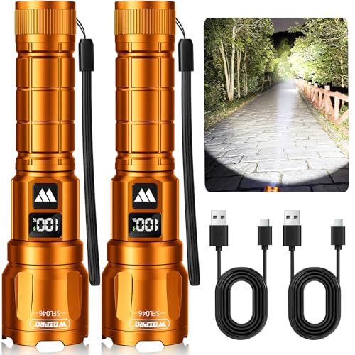 Wdtpro LED Rechargeable Flashlight 2 Pack, 3 Modes Super Bright High Lumens Flashlights, Zoomable Tactical Flash Light with LCD Display, IP65 Waterproof Flashlights for Home Emergency Camping - Orange - color: Orange