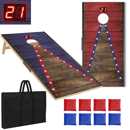 Electronic Cornhole Board Set 4x2ft 2x1ft, Automatic Scoring Corn Hole Games for Adults & Kids, Wooden Portable Cornhole Set with 8 Bean Bags & Carrying Bag for Outdoor, Tailgate, Party - size: 4 x 2 ft