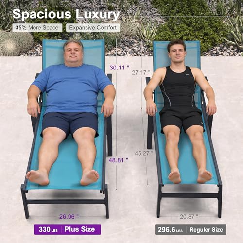 PURPLE LEAF Oversized Chaise Lounge Chair Outdoor Set of 2 Extra Wide Pool Lounge Chairs 5 Adjustable Position with Armrests and Side Table Aluminum Patio Lounge Chair for Beach, Turquoise Blue - color: Turquoise Blue, size: Oversized