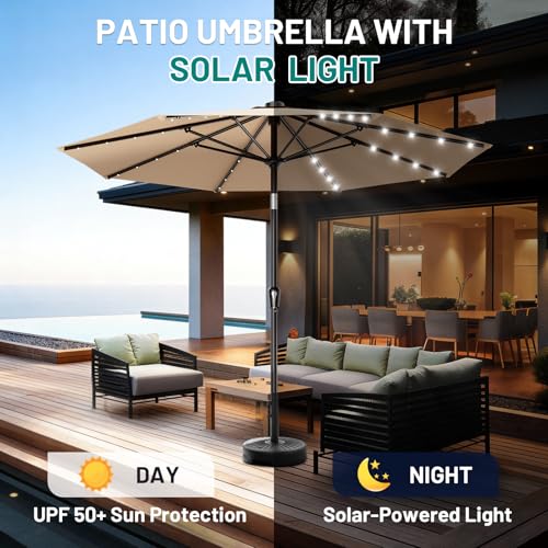 AreShark 9FT Patio Umbrella with Solar Lights, 32 Lighted Pool Umbrella w/Tilt and Crank, Outdoor Market Solar Umbrellas for Garden, Deck, Backyard, Pool and Beach, Beige - color: Beige, size: 9 FT