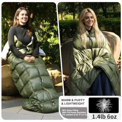 Down Camping Blanket - Lightweight, Packable, Warm & Puffy Outdoor Travel Quilt for Sleep, Hiking, Backpacking, Stadium, Festivals, Water-Resistant Sleeping Bag 55"x79" - color: Ranger Olive, size: 1LB 6OZ / 79" x 55"