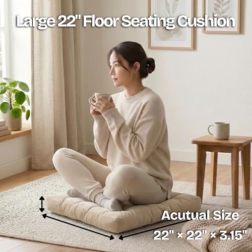Meditation Cushion Set of 2, Floor Cushions for Adults, Velvet Floor Pillows for Sitting, Tufted Seat Cushions for Yoga, Living Room, Bedroom & Reading Nook, Machine Washable, 22 x 22 Inch, Beige - color: Beige, size: 2pack