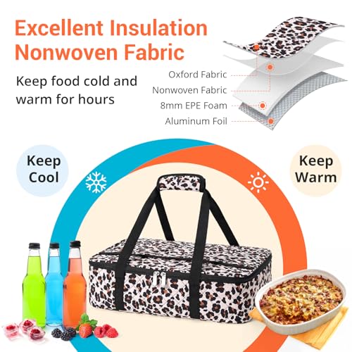 Insulated Casserole Carrier Portable Food Tote for Hot or Cold – Fits 9"x13" Baking Dish, Lasagna Holder for Parties, Picnic, Travel, Beach - Leopard Print - color: Leopard