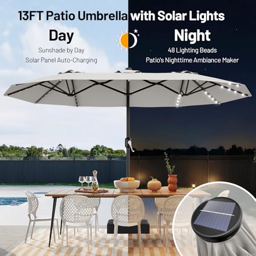 AreShark 13 FT Patio Umbrella with Solar Lights, Double-Sided Outdoor Table Umbrellas with Crank, Large Rectangular Market Umbrella for Porch, Lawn, Pool, Backyard, Light Gray - color: Light Gray, size: 6.5x13 Ft
