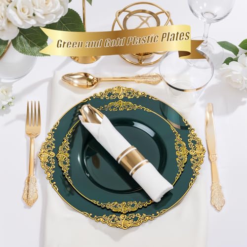 Nervure 350PCS Green Plastic Plates - Green Gold Plastic Dinnerware Sets for 50 Guests - 100 Disposable Plates, 150 Gold Silverware, 50 Cups, 50 Napkins Perfect for Wedding & Party - color: Green and Gold