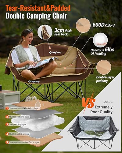 KingCamp Double Camping Chair, Oversized 880lbs Heavy Duty Loveseat for Adults Portable Folding XL 2 Person Couch Padded Comfortable Two Seat with Cup Holder for Outdoor Lawn Backyard, Khaki/Coffee - color: XL 2 Person Khaki/Coffee, size: Loveseat XL