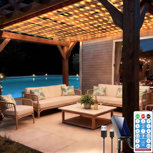 10ft x 10ft Solar Net Lights, 280LED Gazebo Mesh Lights Solar & USB Powered, Waterproof Netting Lights 8 Modes Clear Wire for Bushes Patio Garden Christmas Holiday Party Outdoor Decor (Warm White) - color: Warm White, size: 10ftx10ft (Clear Wire)