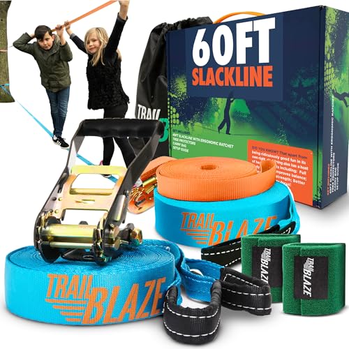 Complete Slackline Kit with Training Line - 2X 60ft Slack Lines for Backyard for Kids and Adults, Wider Tree Protectors - Ninja Slackline Kit for Kids Outdoor Play Equipment (Complete Kit - Blue) - color: Blue & Orange