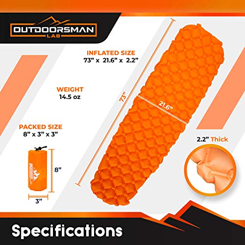 Sleeping Pad for Camping - Patented Camp Mat, Ultralight - Best Compact Inflatable Air Mattress for Adults & Kids - Lightweight Hiking, Backpacking, Outdoor & Travel Gear - color: Orange