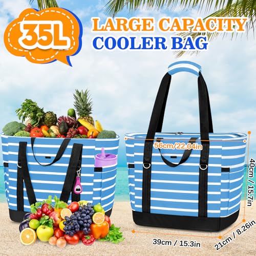 HUANLANG Soft Cooler Bag Insulated for Travel,Large Insulated Grocery Bags with Zippered Top,PEVA Collapsible Food Delivery Cooler Bag for Beach, Travel, Picnics - color: Blue and white stripes