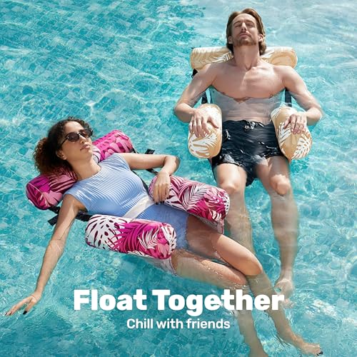 SLOOSH Inflatable Pool Floats Adult,2 Packs Floating Lounge Chairs,Blow up Pool Noodles for Adult Heavy Duty,Floating Chair for Party Summer Water Beach Lake Fun - style: Tropical Leaves-Champagne, Pink