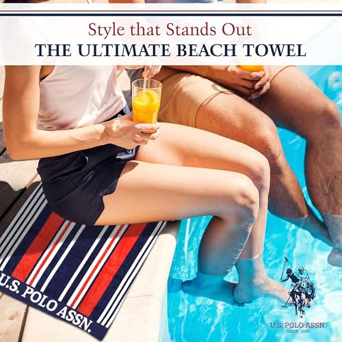 U.S. Polo Assn. 2-Pack Luxury Plush Cotton Oversized (40" x 70") Beach Towels, Striped Nautical Design, Hotel Quality for Bath & Pool- Navy/Red/Orange - color: Navy/Red/Orange, size: 40" x 70"