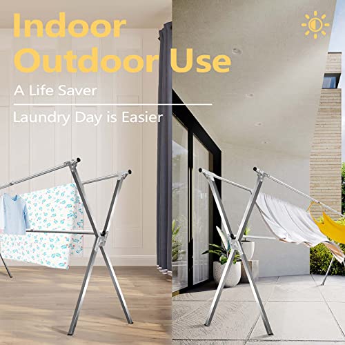 URYAN 79 Inches Stainless Steel Clothes Drying Rack, Heavy Duty Laundry Drying Rack Folding Indoor Outdoor, Portable Drying Rack Clothing, Free-Standing Laundry Stand with 20 Windproof Hooks - size: 79"