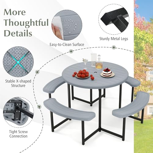 Byroce 8-Person Picnic Table for Outdoors, HDPE Picnic Table Set with 4 Benches, Umbrella Hole & Metal Frame, Heavy Duty Round Dining Table Chairs for BBQ Party in Patio, Yard & Poolside (Gray) - color: Grey
