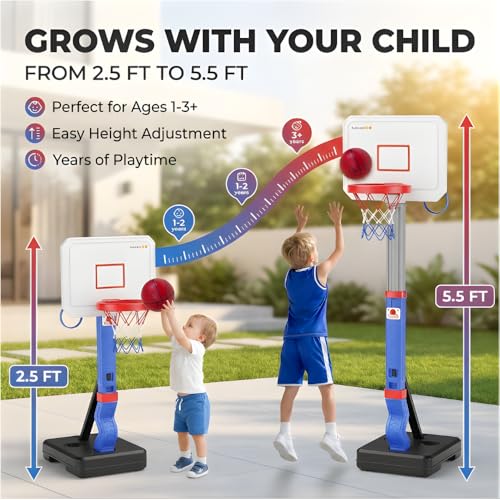 Toddler Basketball Hoop with Ring Toss Game, 2-in-1 Adjustable (2.5–5.5 Ft) Indoor & Outdoor Kids Basketball Set with Mini Balls, Rings, Pump & Stable Base Sports Toy for Boy & Girl Age 1-5