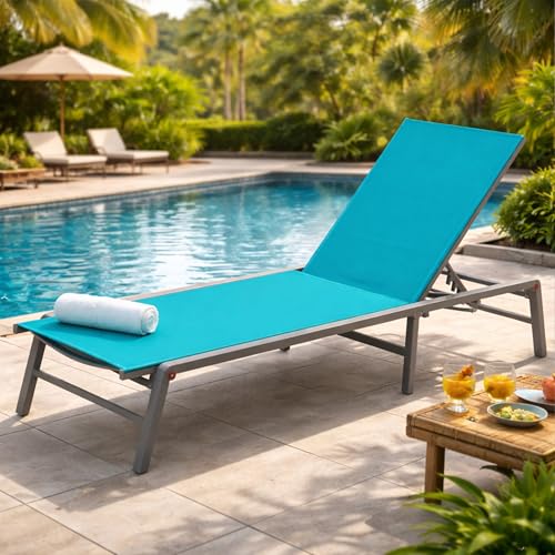 Kozyard Outdoor Foldable Lounge Chair, Aluminum Frame Patio Lounger with 5-Position Adjustable Backrest, Breathable Textilene Fabric, Assemble-Free, Reclining Full-Flat Poolside(Aqua) - color: Aqua